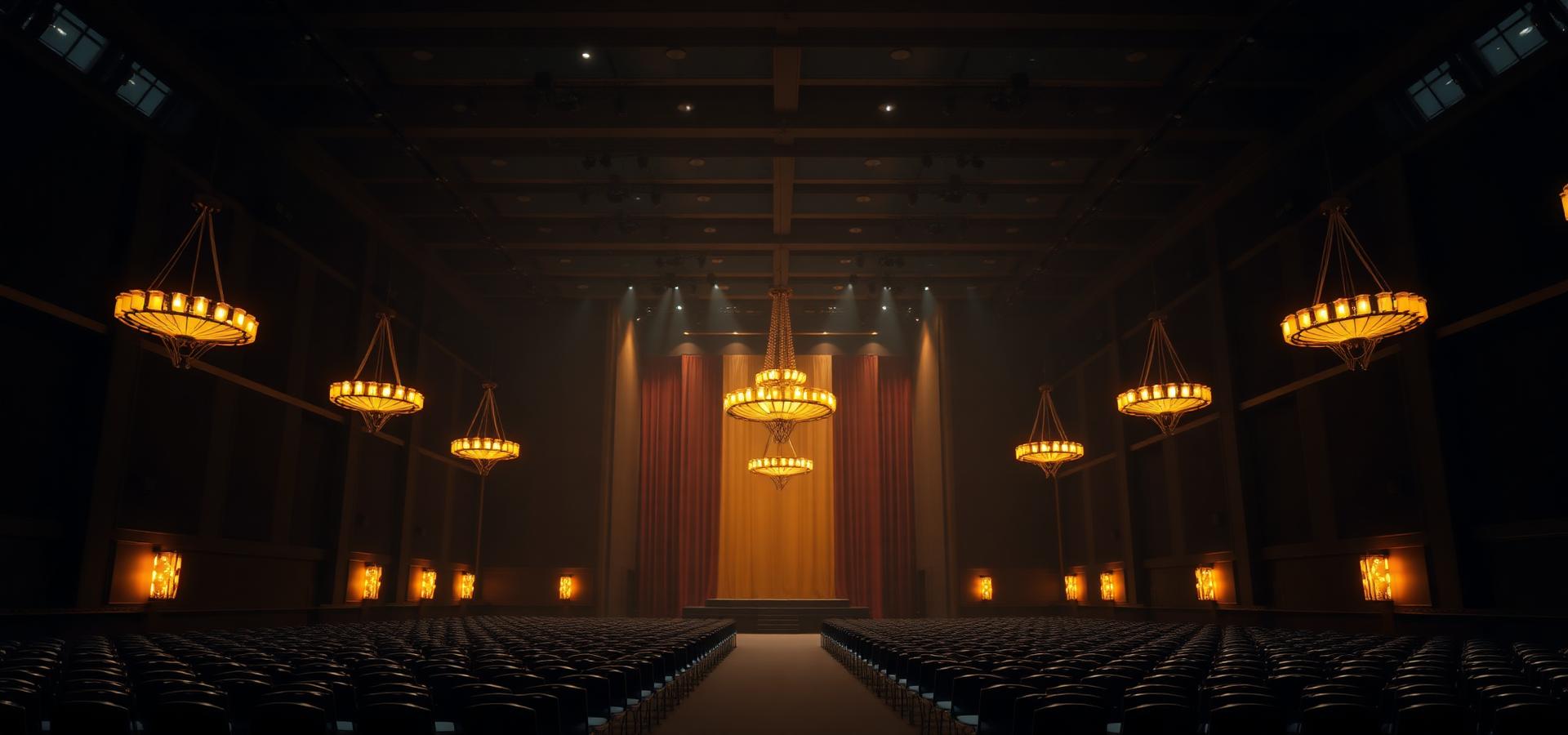 Wide view of the darkened Buckhead event hall lit by warm gold chandeliers