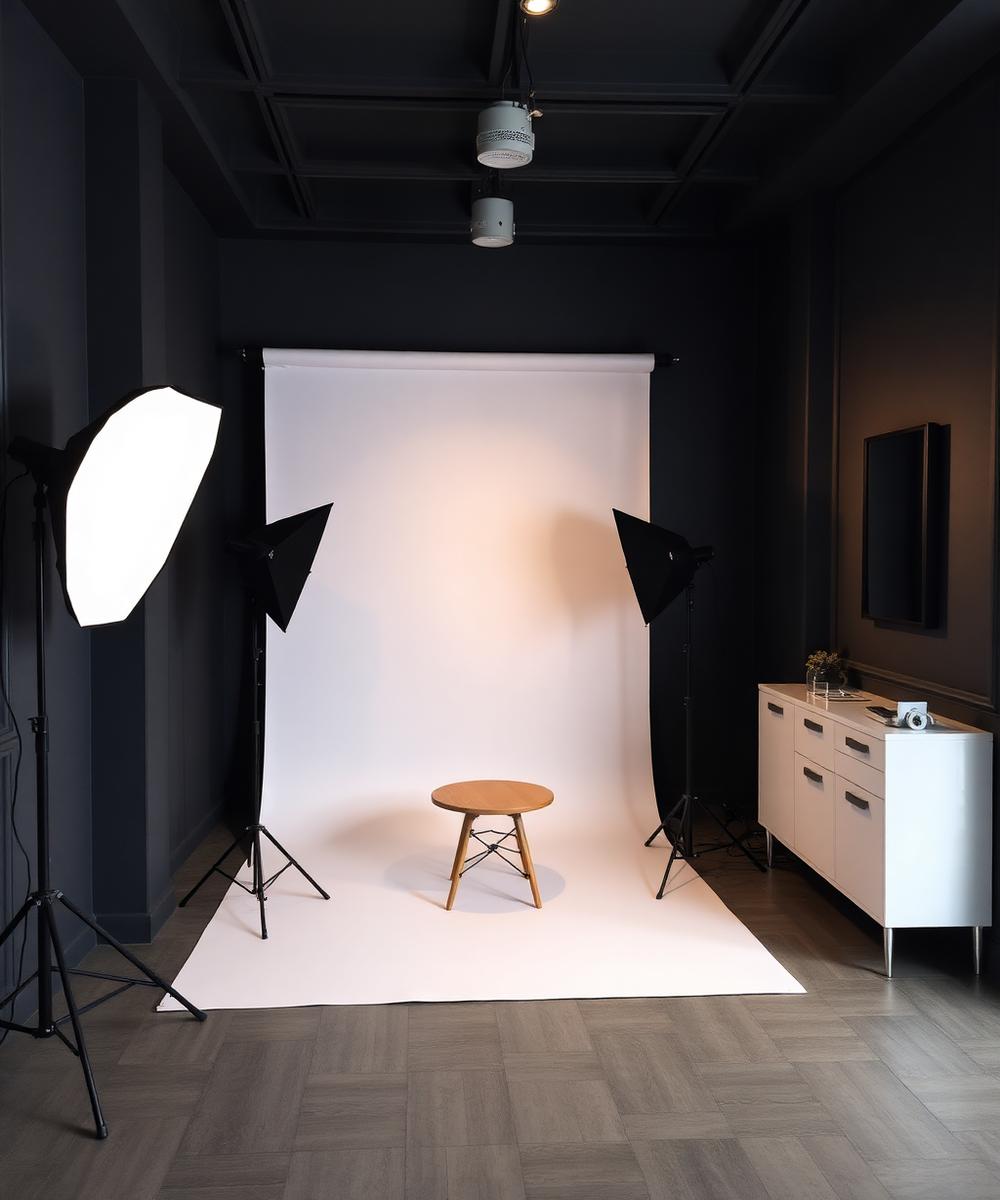 Photoshoot setup with seamless backdrop and studio lighting inside the event space