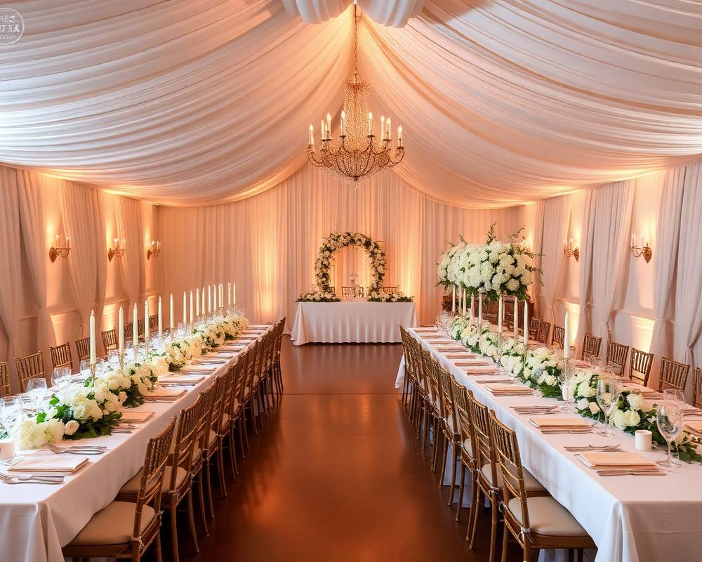 Wedding-style reception with long tables, white florals and candlelight at the venue