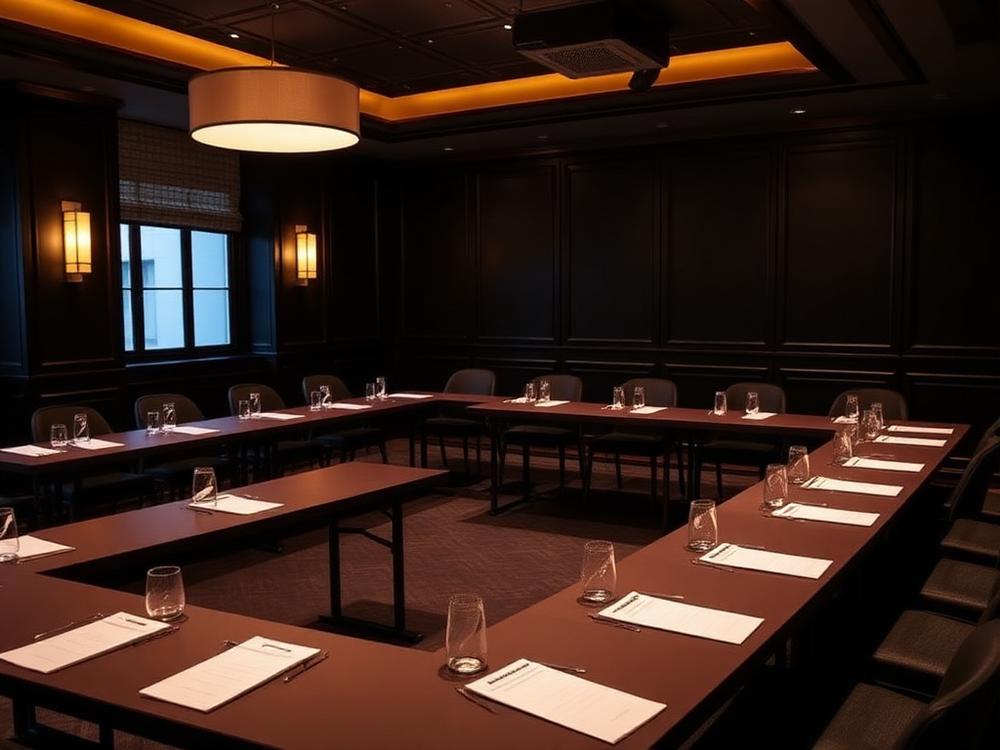 Workshop layout with u-shaped tables and warm pendant lighting in the Buckhead venue