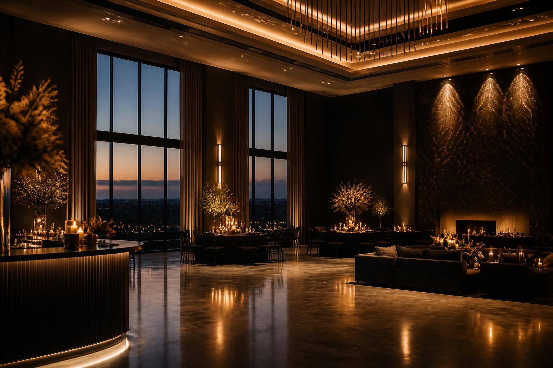 Elegant event venue interior with ambient gold lighting in Buckhead, Atlanta