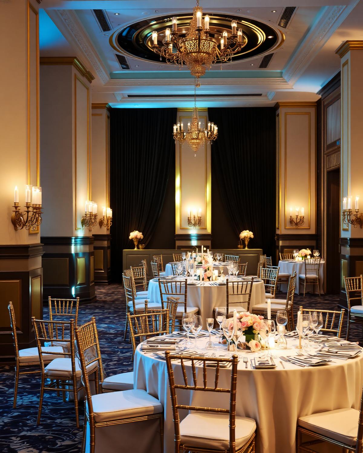 Banquet tables set with candlelight and florals inside the Buckhead event venue