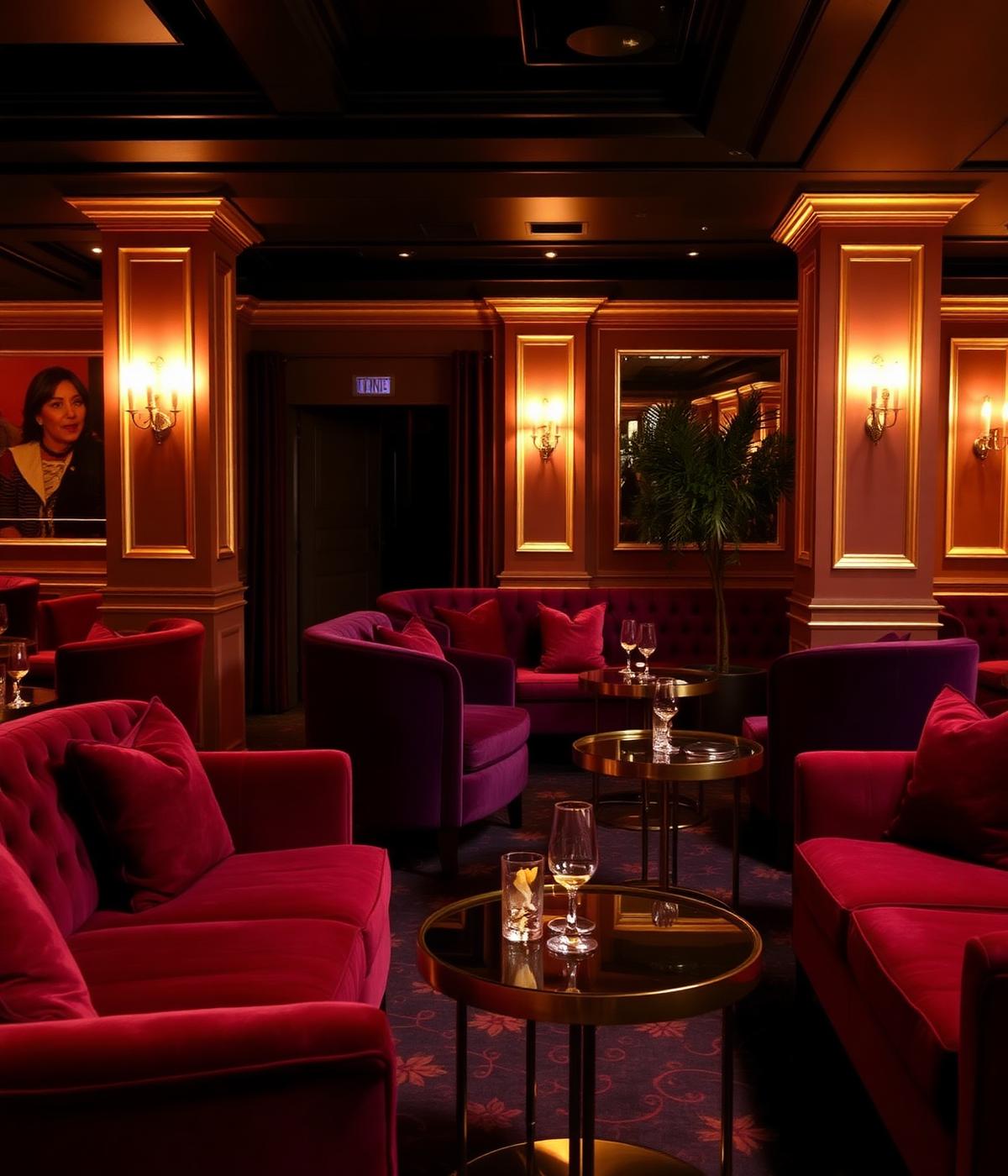 Velvet lounge seating and brass tables in a softly lit corner of the Buckhead venue